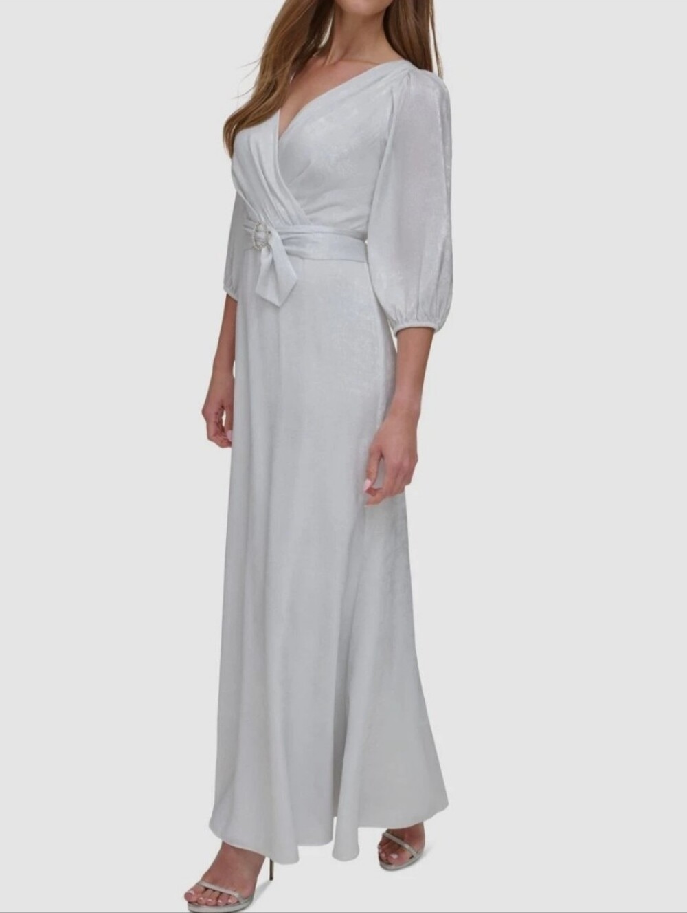 NWT DKNY Women's Silver Shimmer Surplice Balloon Sleeve Belted A-Line Dress Sz10 - Picture 2 of 13